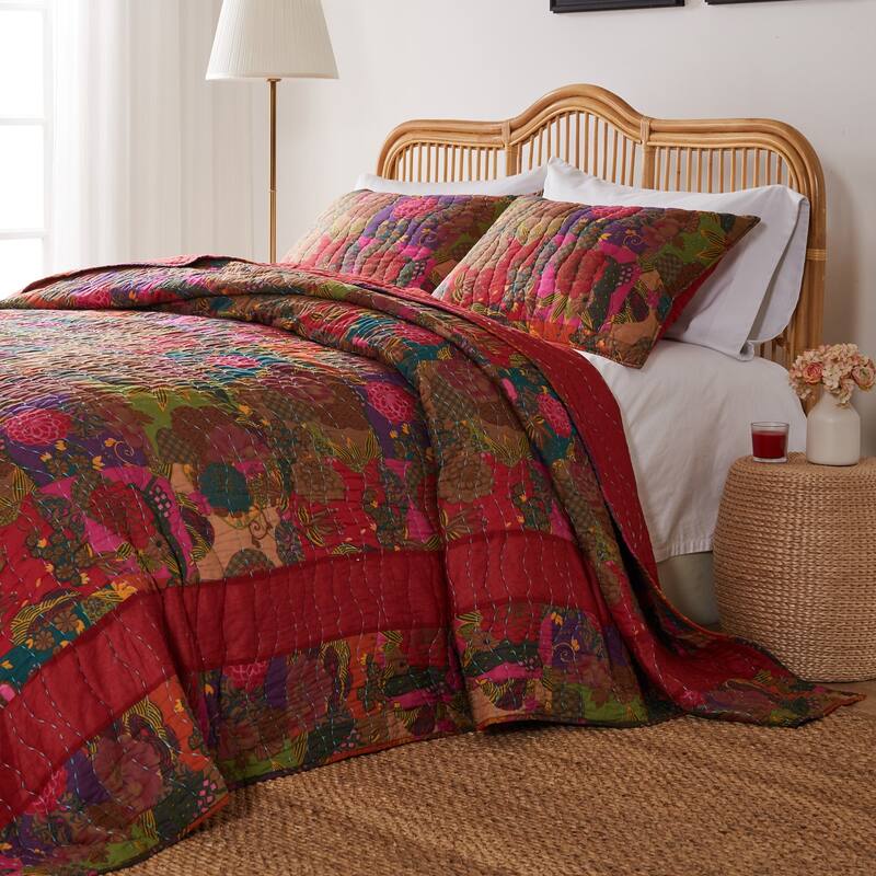 Greenland Home Fashions Jewel 100% Cotton Kantha-Style Boho Floral Quilt Set