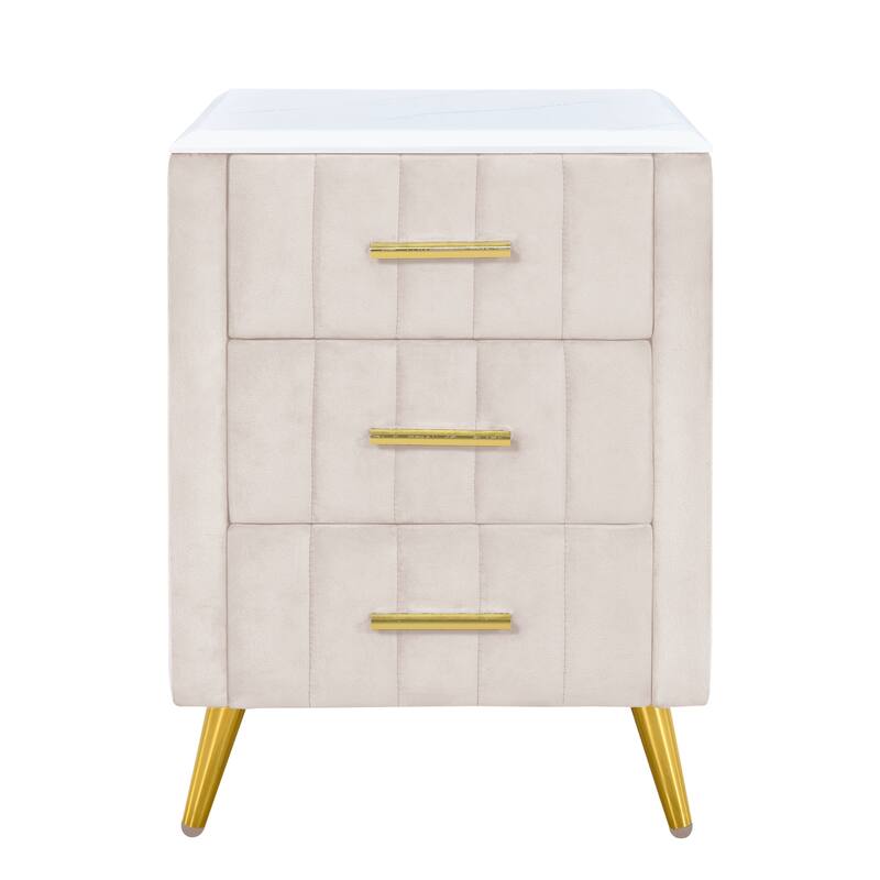 Upholstered Wooden Nightstand with 3 Drawers and Metal Legs & Handles, Marbling Worktop