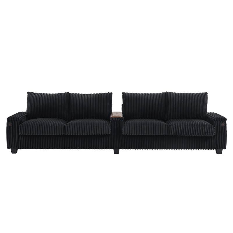 133" Corduroy 4-Seater Sofa with USB Ports, Hidden Storage Arms & Flip-Top Cup Holders