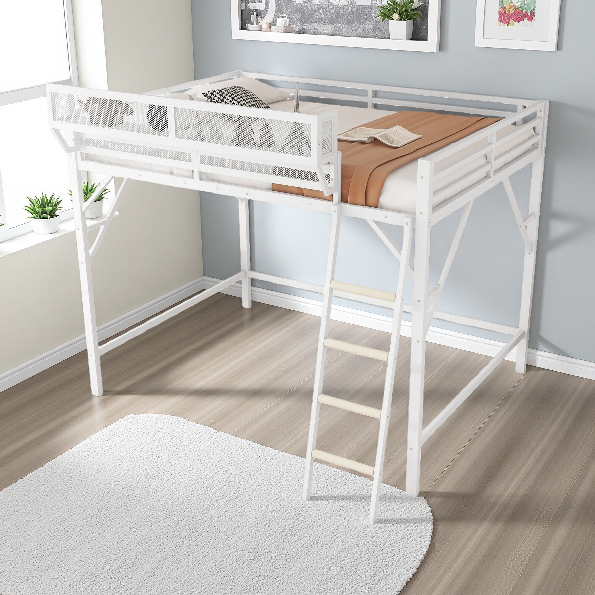 Full Size Metal Loft Bed with Ladder, Storage Shelves and Noise-Free Slats