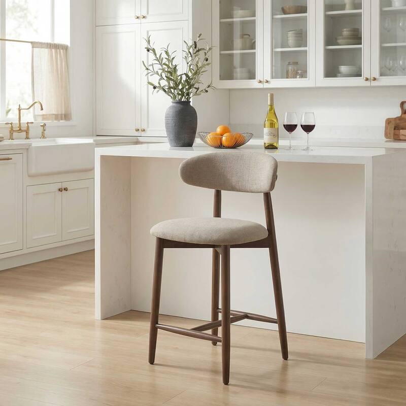 Mid-Century Modern Upholstered Bar Stools Counter Height Wooden Bar Chairs with Backrest Footrest - Camel - Single