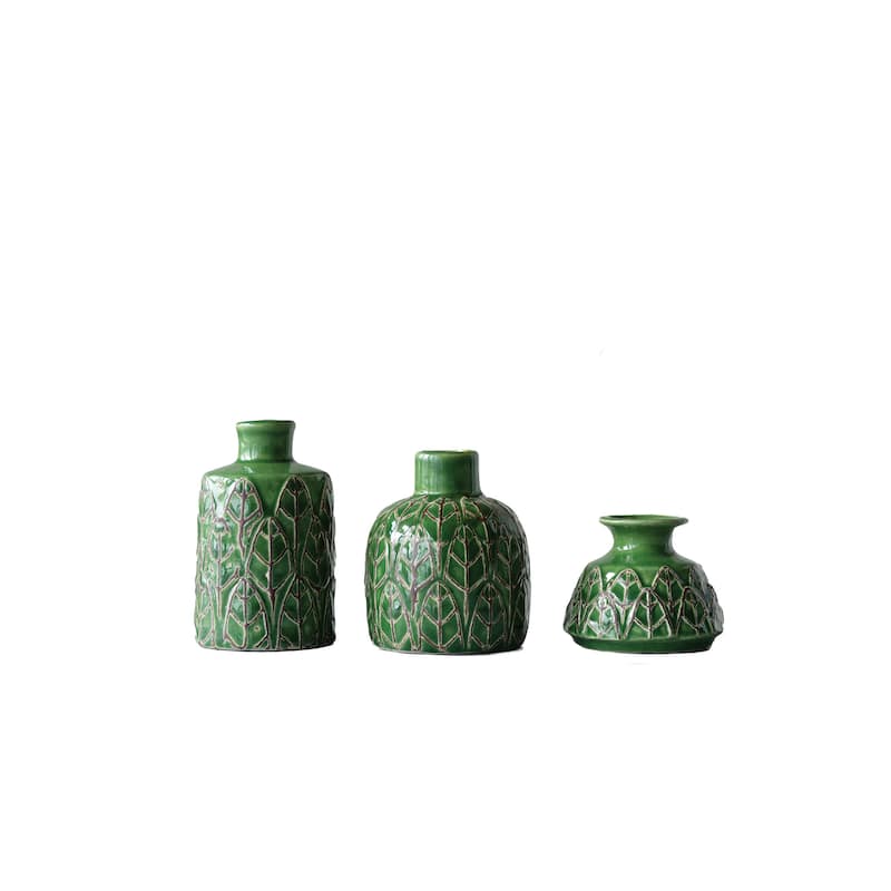 Green Embossed Stoneware Vases (Set of 3 Sizes) - Green