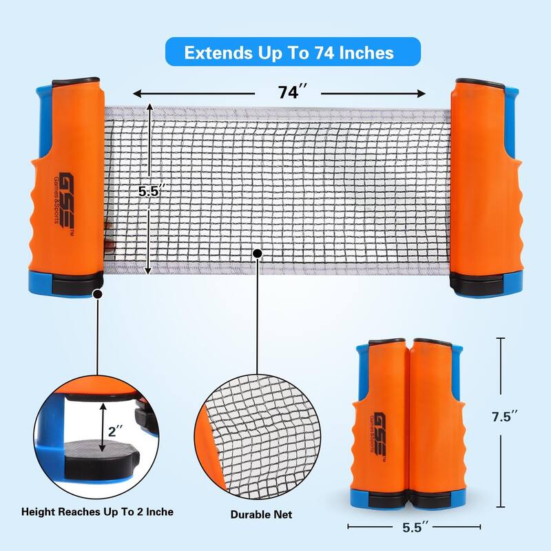 GSE™ Adjustable Retractable Ping Pong Net & Post. Anywhere Portable Table Tennis Net & Clamps