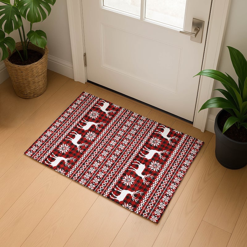 Premium Washable Super Soft Christmas Reindeer Mayfield Rug - Red - 1'8" x 2'6"
