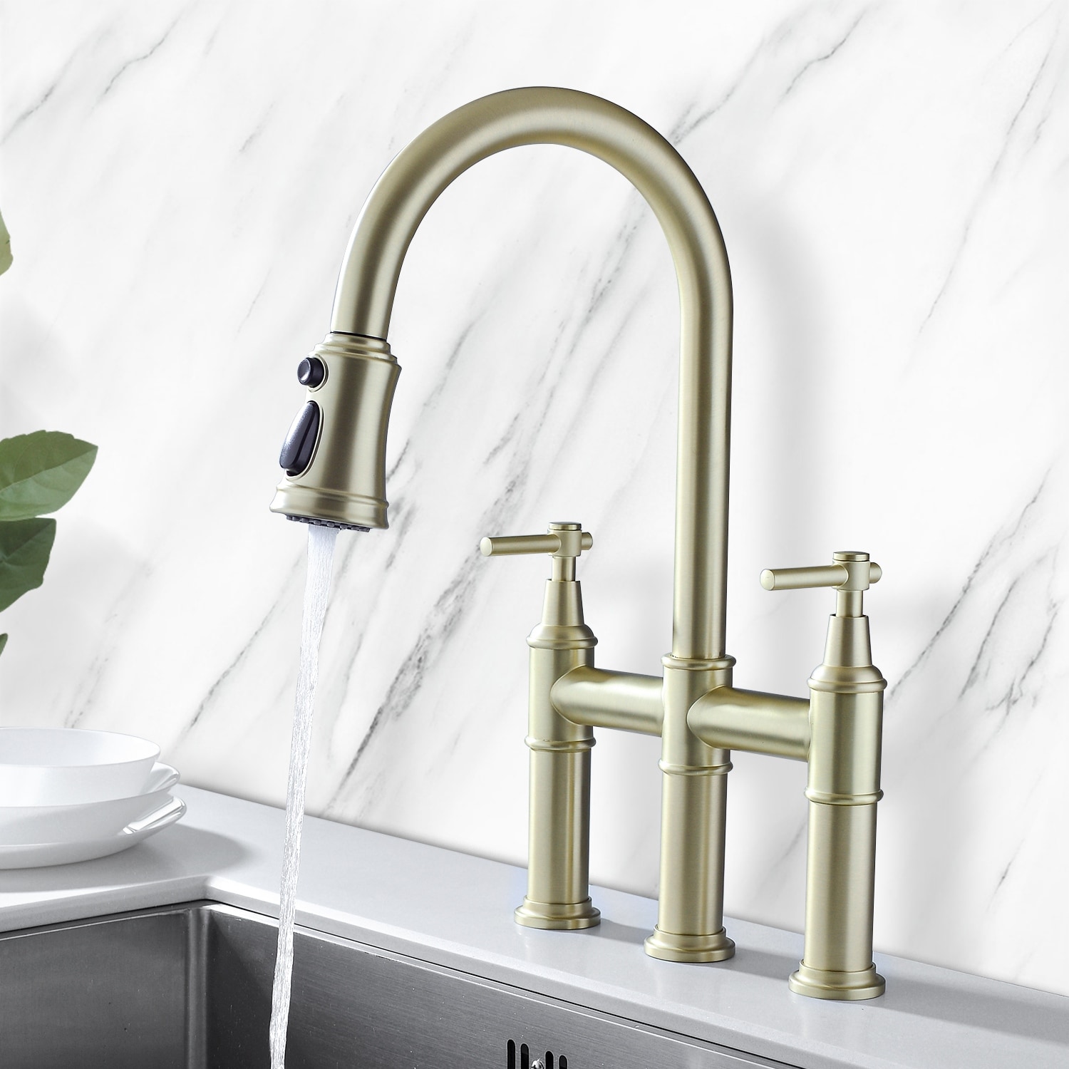 Transitional Bridge Kitchen Faucet with Pull-Down Sprayhead ...