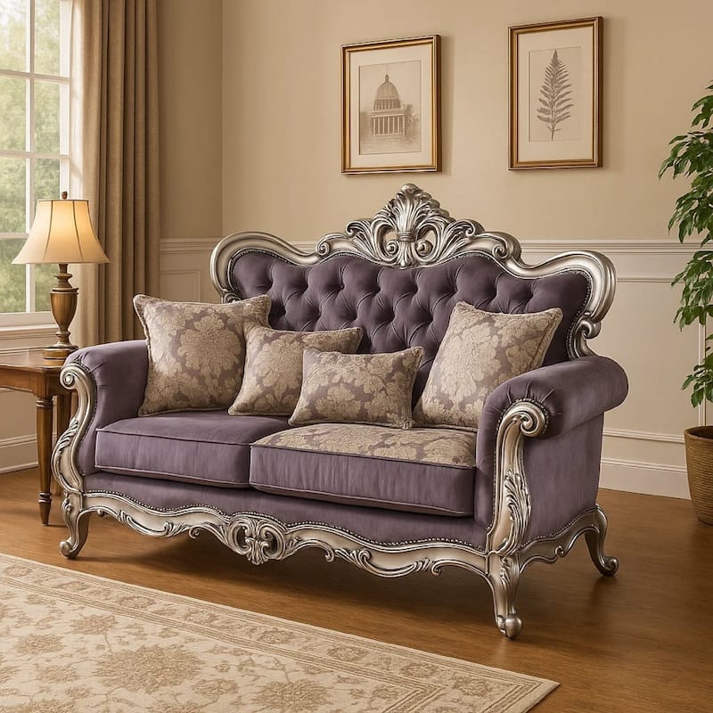 Aboi Loveseat, 3 Accent Pillows, Purple Velvet, Carved Details, 70 Inch
