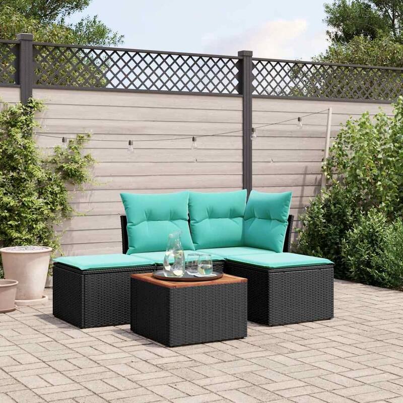 vidaXL 5 Piece Patio Sofa Set with Cushions Black Poly Rattan - 24.4 x 24.4 x 27.2