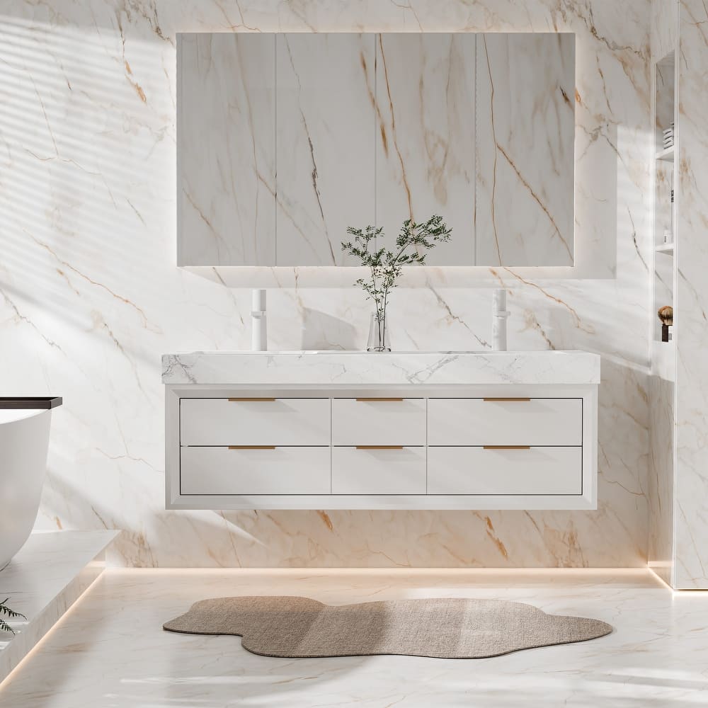 Modland 60" Modern Floating Bathroom Vanity with Double Sink, Soft-Close Drawers, White Stone Countertop