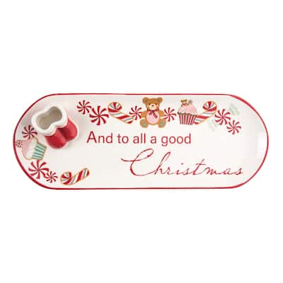 Transpac Ceramic 14.25 in. Multicolored Christmas Snack Plate with Toothpick Boots Container
