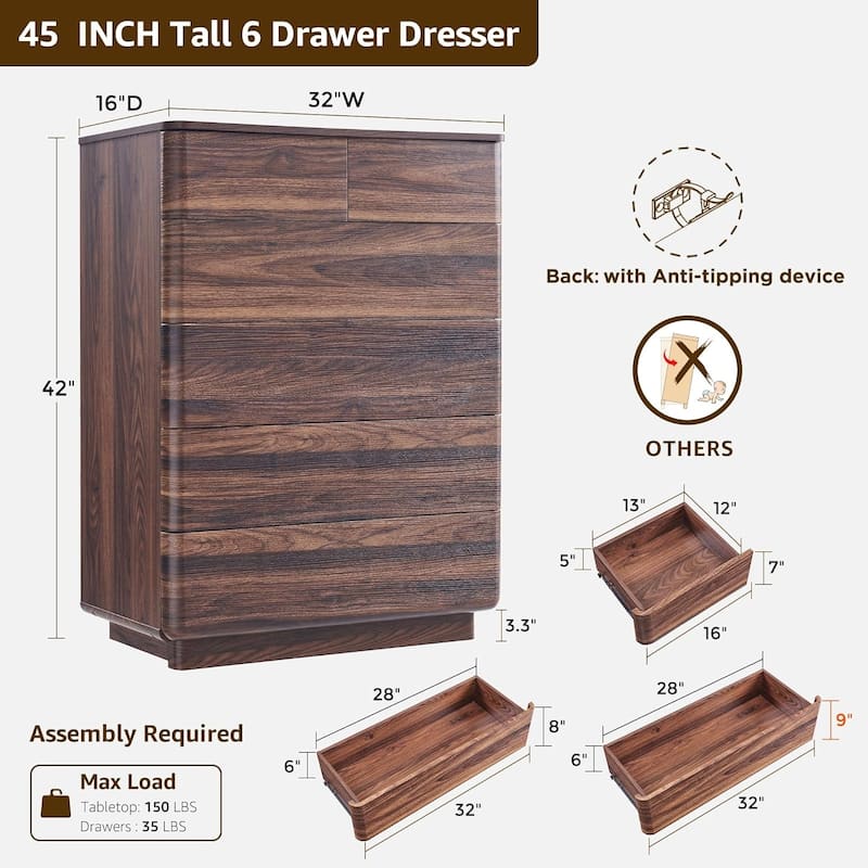 Modern 6 Drawer Dresser for Bedroom, Handle-less Wooden Dressers
