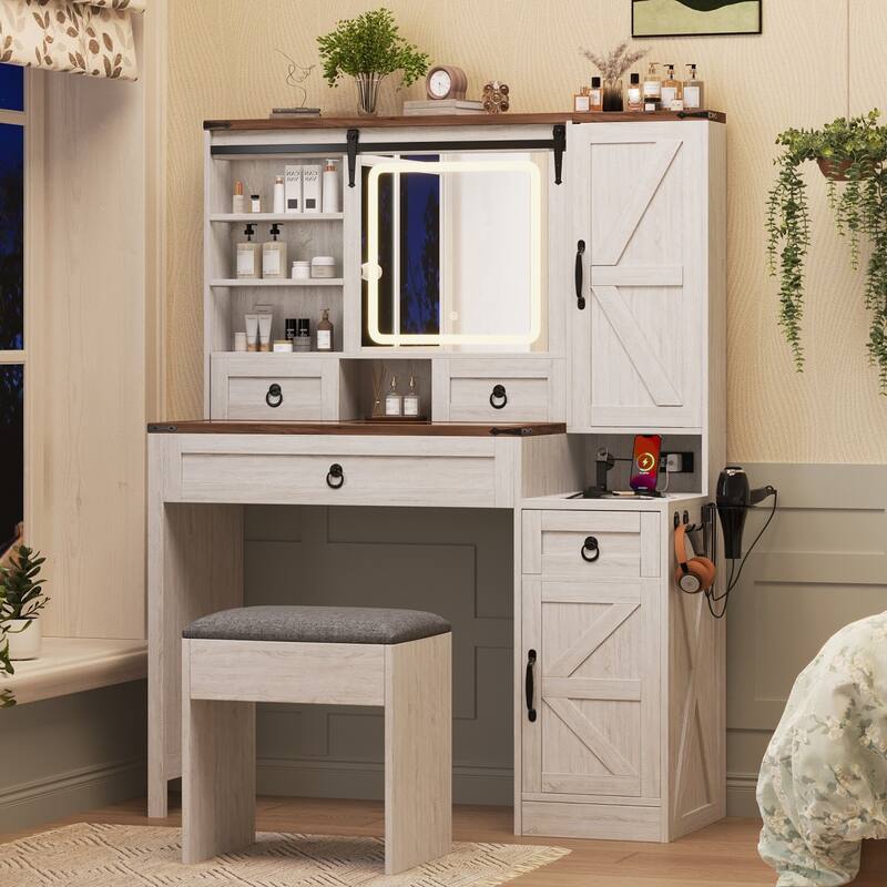 42.52" Farmhouse Dresser with Sliding LED Mirror, Glass Table Top and Stool