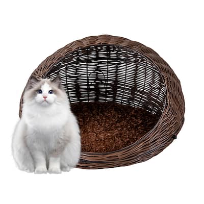 C Cattleya 17.75" Hand-Woven Natural Rattan Cat House Cat Bed with Soft Blanket