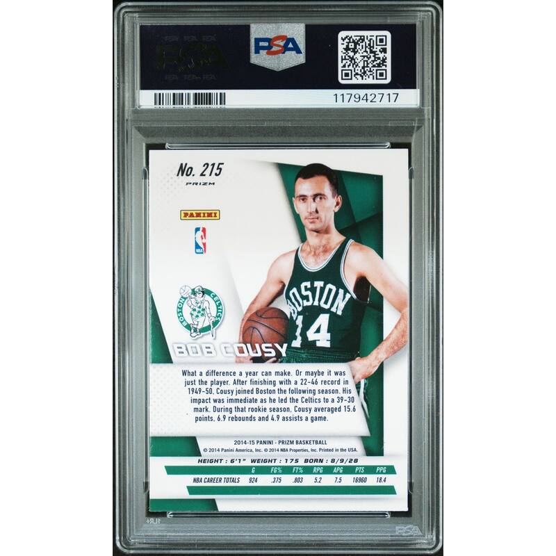 Bob Cousy 2014 Panini Prizm Silver Signed Basketball Card #215 Graded PSA 9 Auto 10 Cert # 117942717 - 8' x 11'