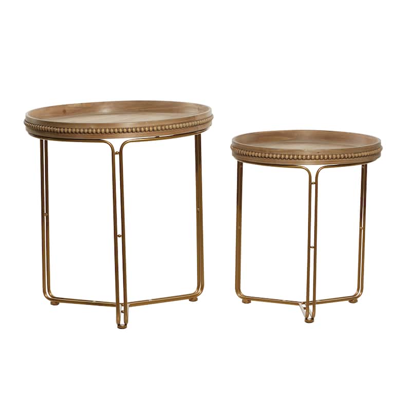 Wooden Round Beaded Nesting Accent Table - Set of 2 Brown - Roche River Decor - 24"Wx24"Lx26"H