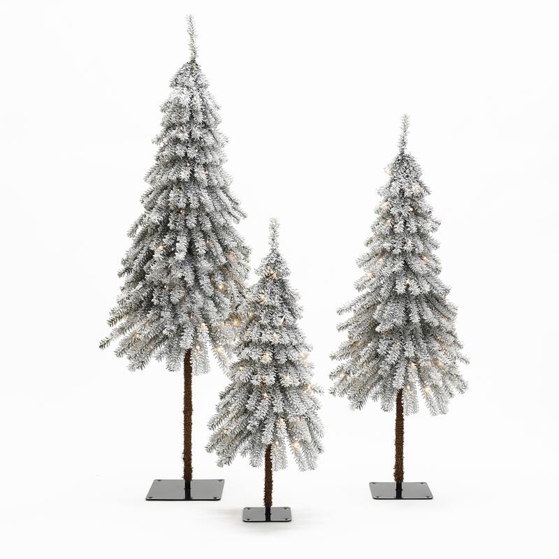3-Piece Snow-Flocked Sweeping Branches Artificial Tree Set with Battery Operated Lights