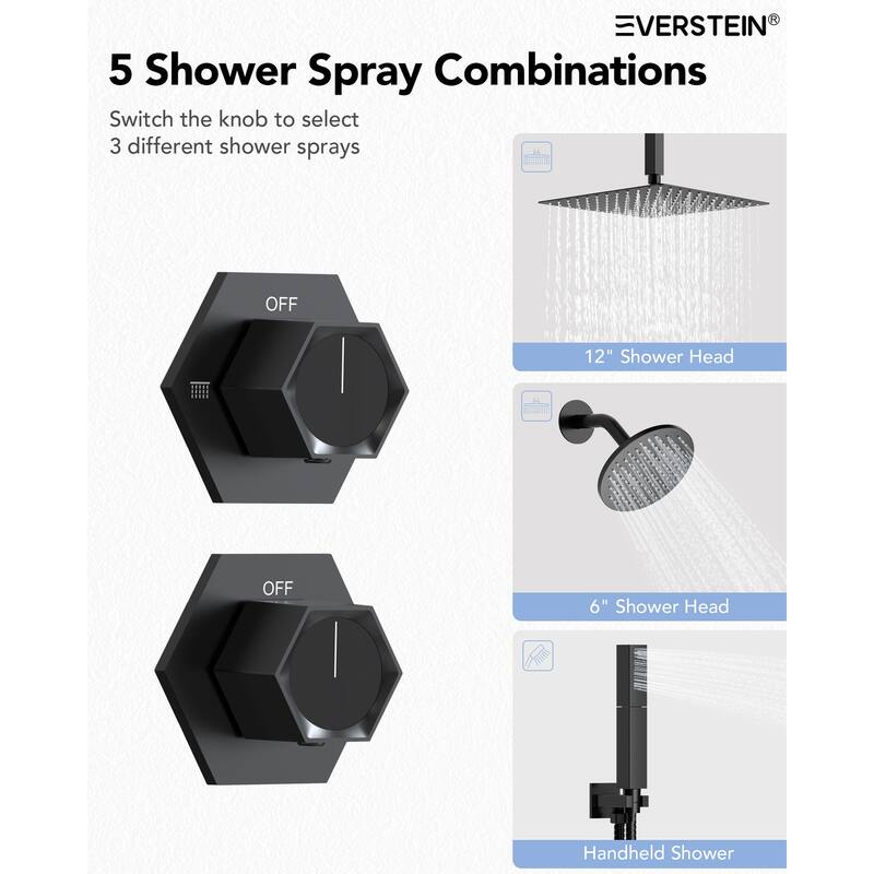 Dual Rainfall Shower System 12" & 6" Heads with Thermostatic Valve and Handheld Spray