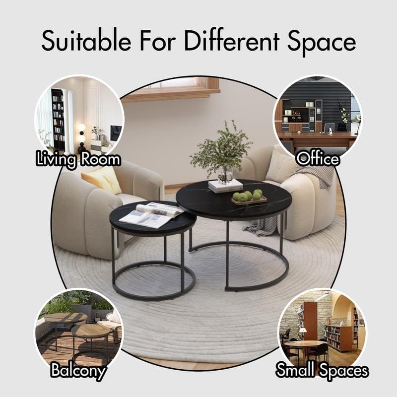 Round Nesting Coffee Table Set of 2 with Marble Pattern Top & Metal Frame