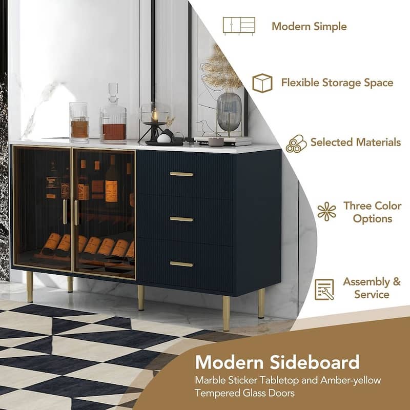 60" Modern Kitchen Accent Buffet Sideboard Cabinet with Amber-yellow Tempered Glass Doors