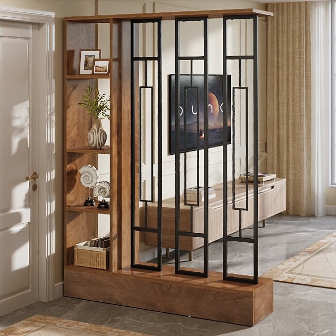 Freestanding Wall Room Divider with Display Shelves, 47.2" W x 70.9" H - Brown & Black