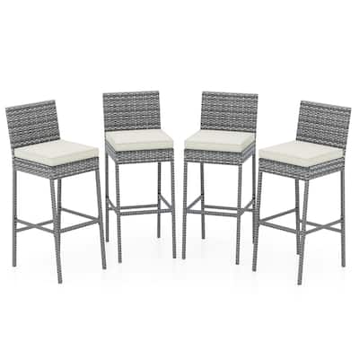 Gymax 4 PCS Patio Wicker Barstools Bar Height Chairs W/ Cushions
