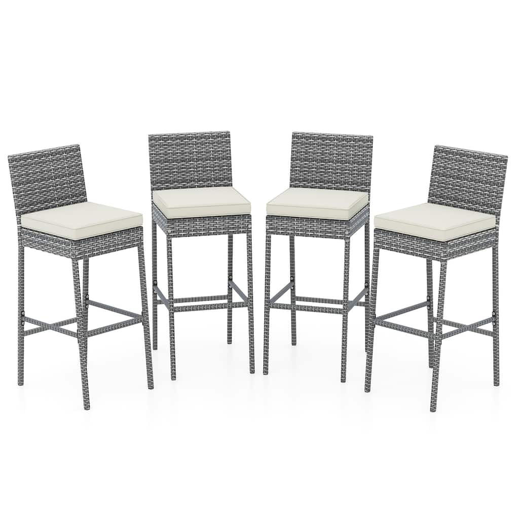 Gymax 4 PCS Patio Wicker Barstools Bar Height Chairs W/ Cushions