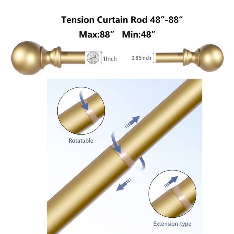 Lordear Adjustable Window Curtain Rod with Ball End Cap Finials - Silver/Gold/Black - 48" to 88" - Gold