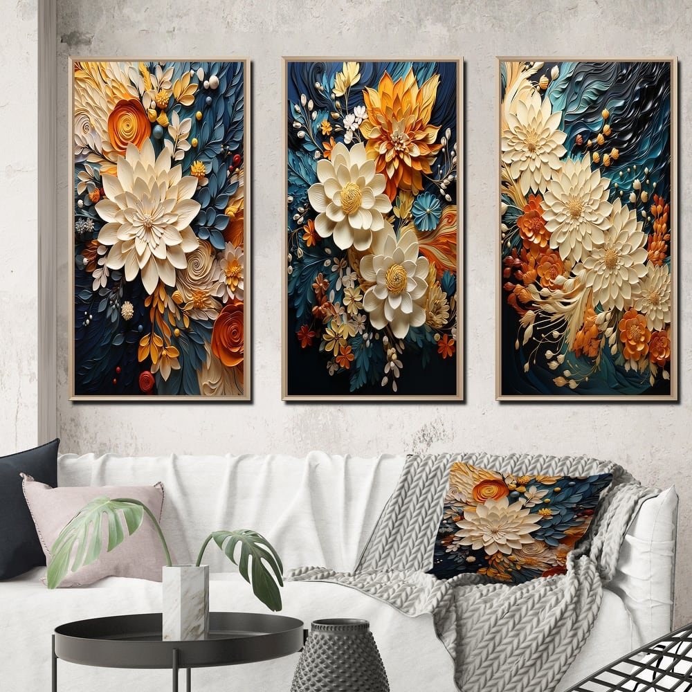 Designart "Orange Teal Botanical Whirlwind IV" Abstract Framed Wall Art Set Of 3 Frame Gallery Wall Set For Home Decor