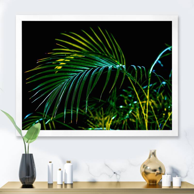 Designart "Abstract Tropical Green Palm Leaves" Tropical Framed Art Print - 40 In. Wide x 30 In. High - White