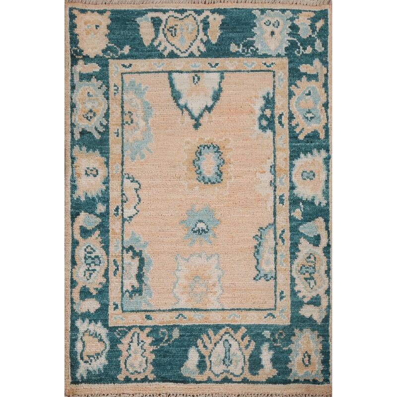 Hand Knotted Oriental 100% Wool Carpet Transitional Geometric Peach Oushak Area Rug - 2' 11'' X 2' 1''