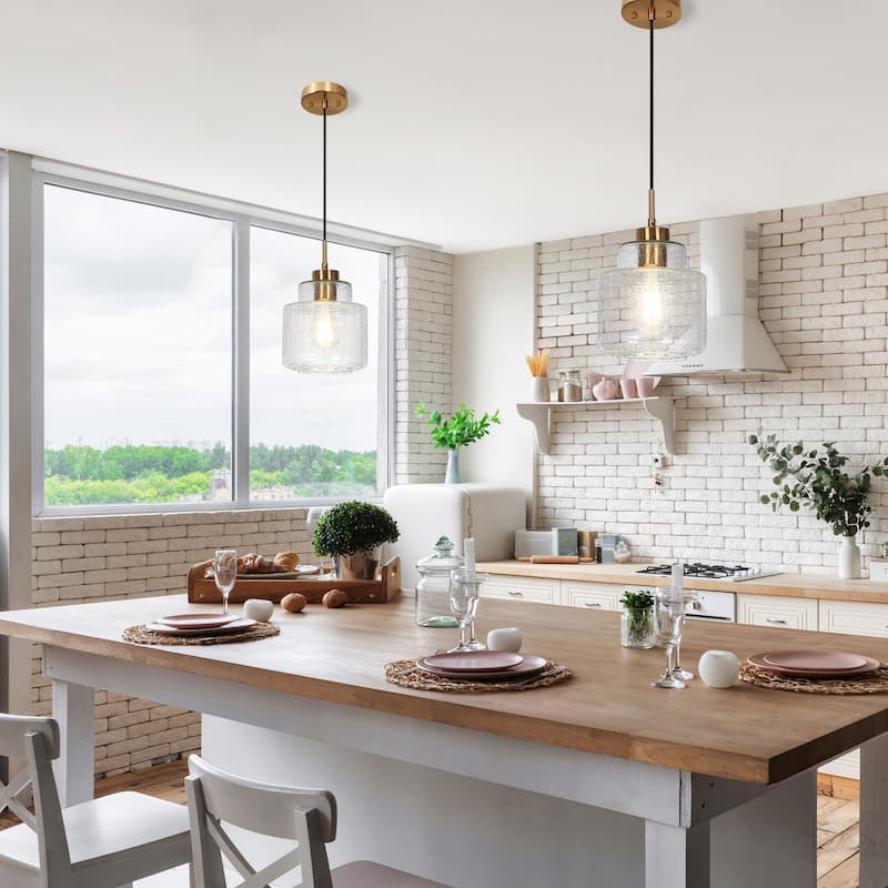 Yarge Modern Farmhouse Drum Wire Kitchen Bathroom Pendant with Art Glass Shade