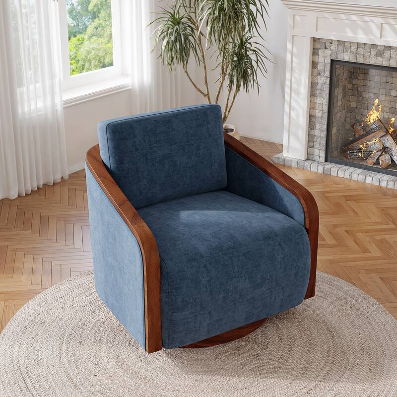 Upholstered Swivel Barrel Chair with Curved Wood Arms