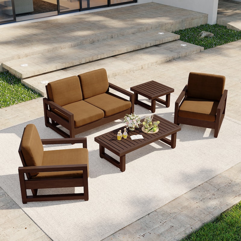 5-Piece Outdoor Solid Teak Wood Patio Conversation Set - Brown - Dark-Brown Frame