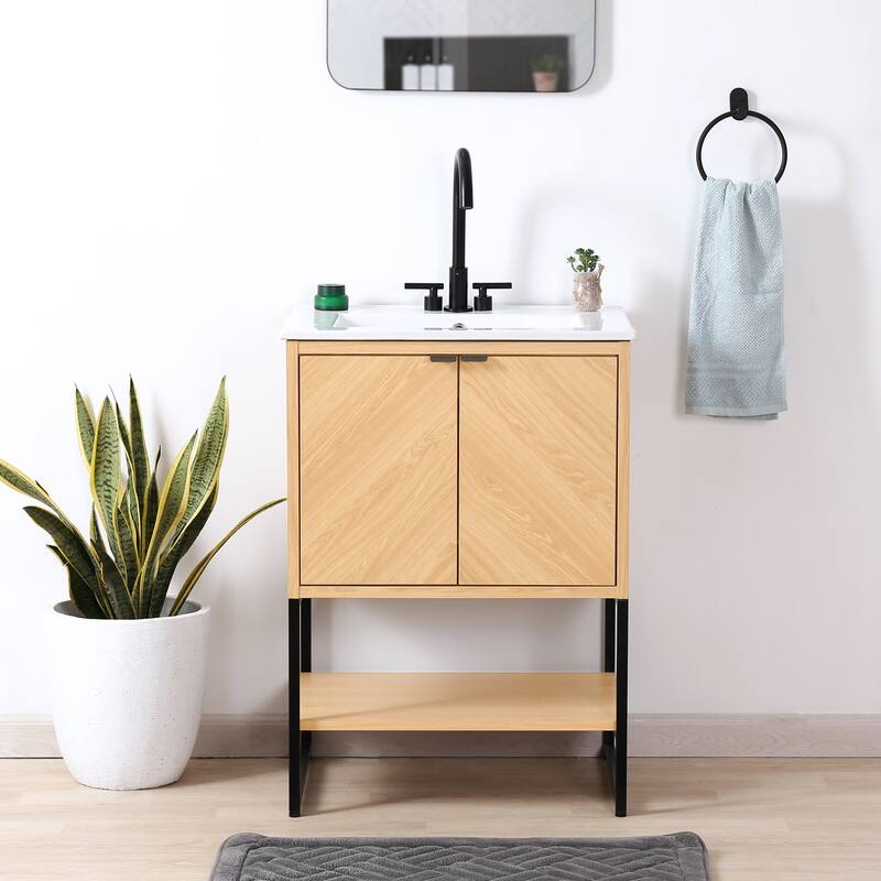 Juhl Chevron-Front Modern Minimalist 2-Shelf Bath Vanity Cabinet Only (Sink Basin Not Included), By JONATHAN Y - Oak - 23.5"W x 18"D x 33"H