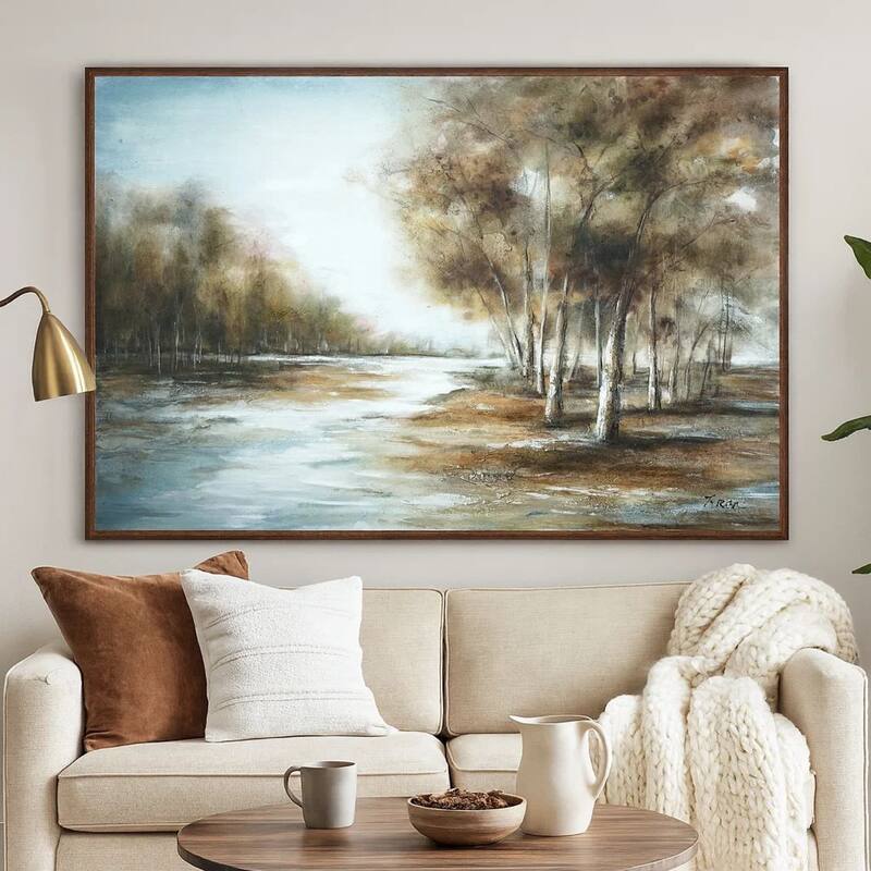 39 x 59 Hand Painted Forest Scenery, Resin Coat, Warm Blues and Browns - Green, Blue, White, Brown