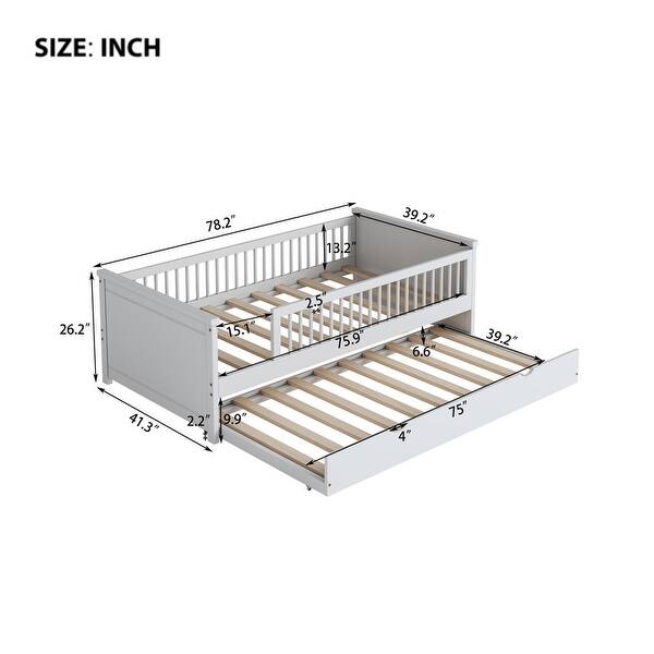 dimension image slide 1 of 2, Wood Twin Size Platform Bed with Guardrail,Trundle and Open Fence Design,Kids and Baby