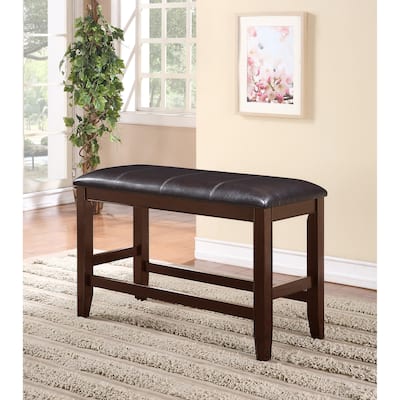 Farmhouse Style 1pc Brown Espresso Counter Height Bench Footrest Faux Leather Upholstered Seat Wooden Furniture