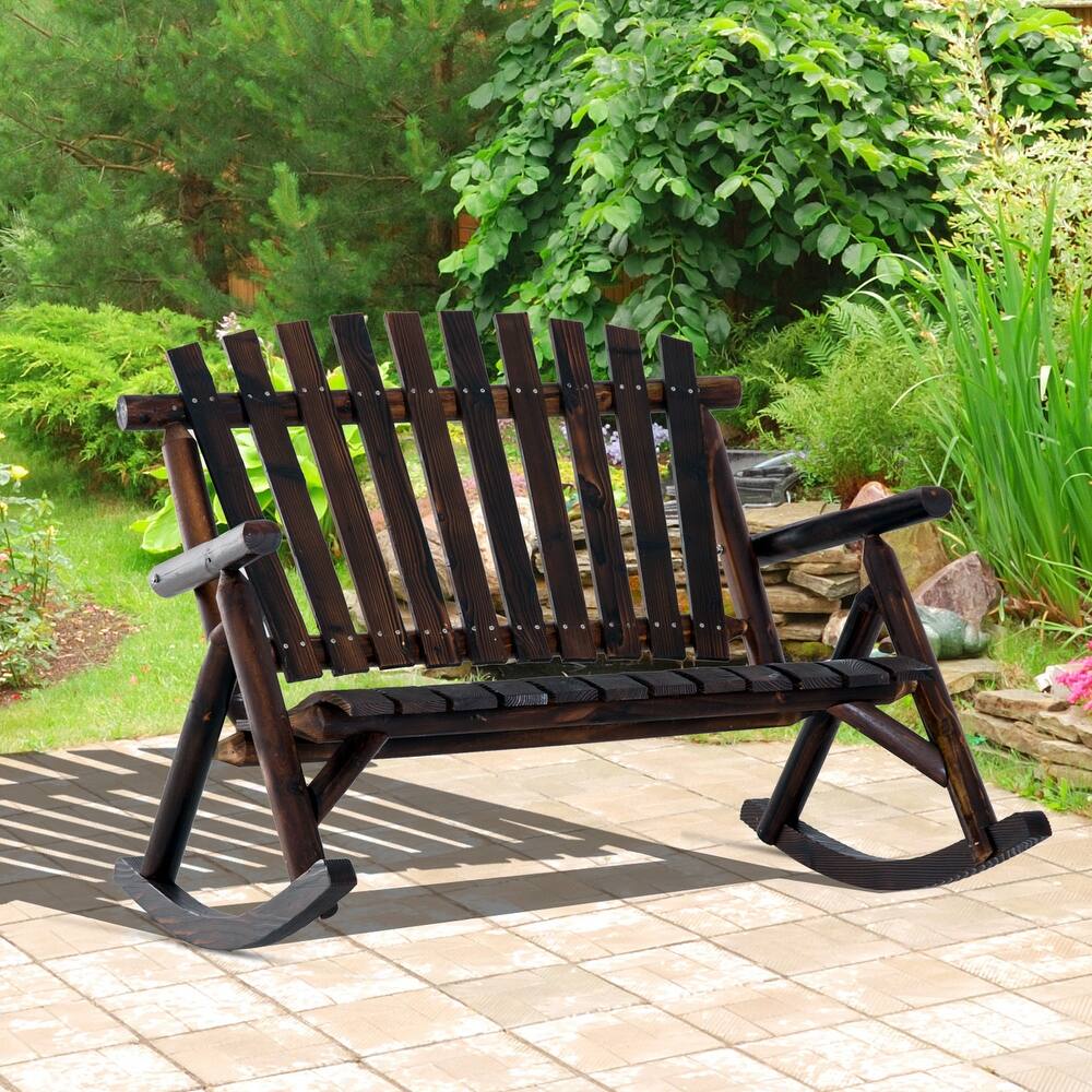 Outsunny 2-Person Wooden Rocking Chair Adirondack Rocker Bench with Rustic Style, Slatted Design
