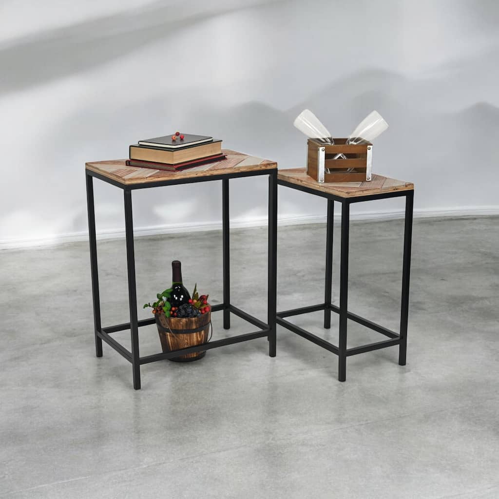 Brown Wood and Metal Side Tables (Set of 2)