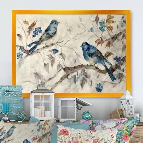 Designart "Two Blue Birds Sitting On A Branch Vintage Watercolor II" Animals Bird Framed Art Print