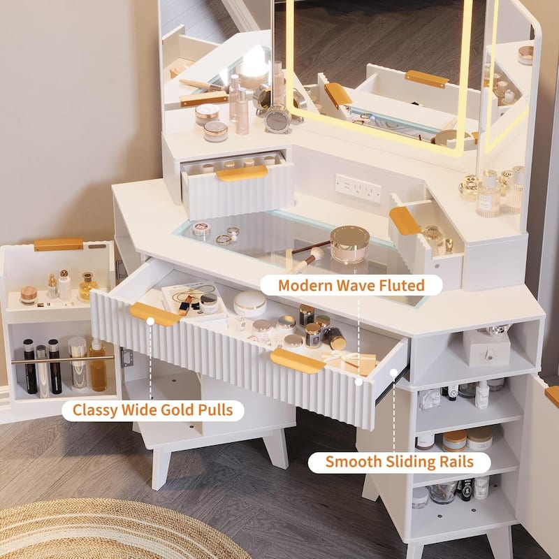 48 inch Fluted Corner Vanity Desk with Lights and Triple Mirror