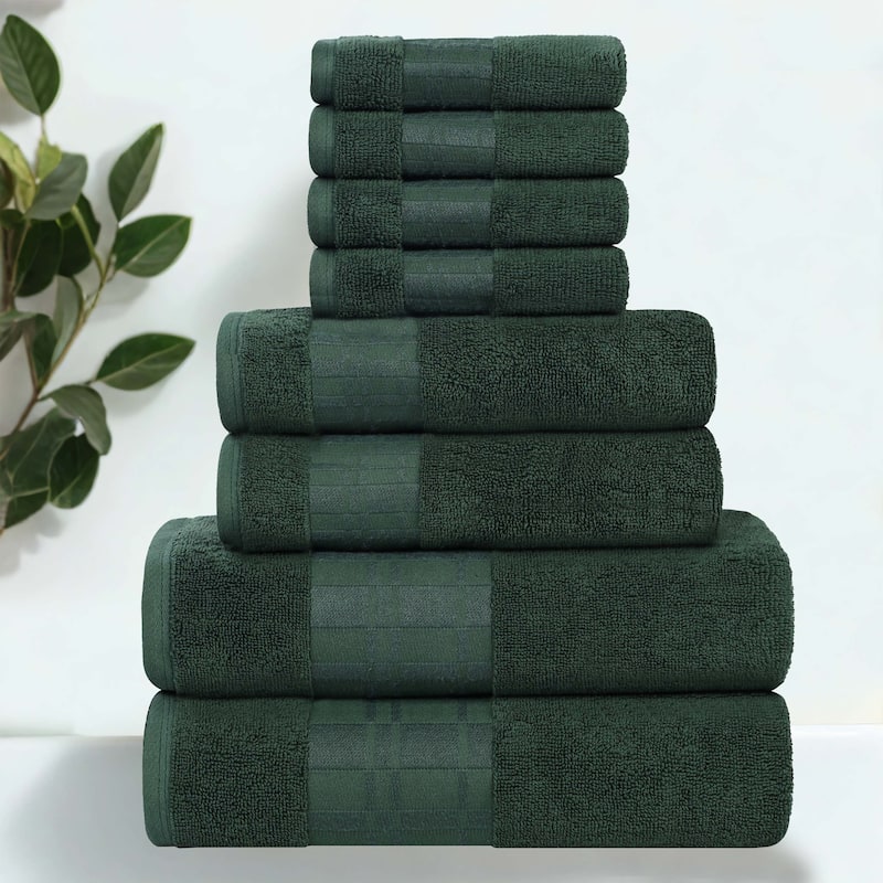 Superior Larissa Cotton Embroidered Geometric Border 8-Piece Towel Set - Forest Green