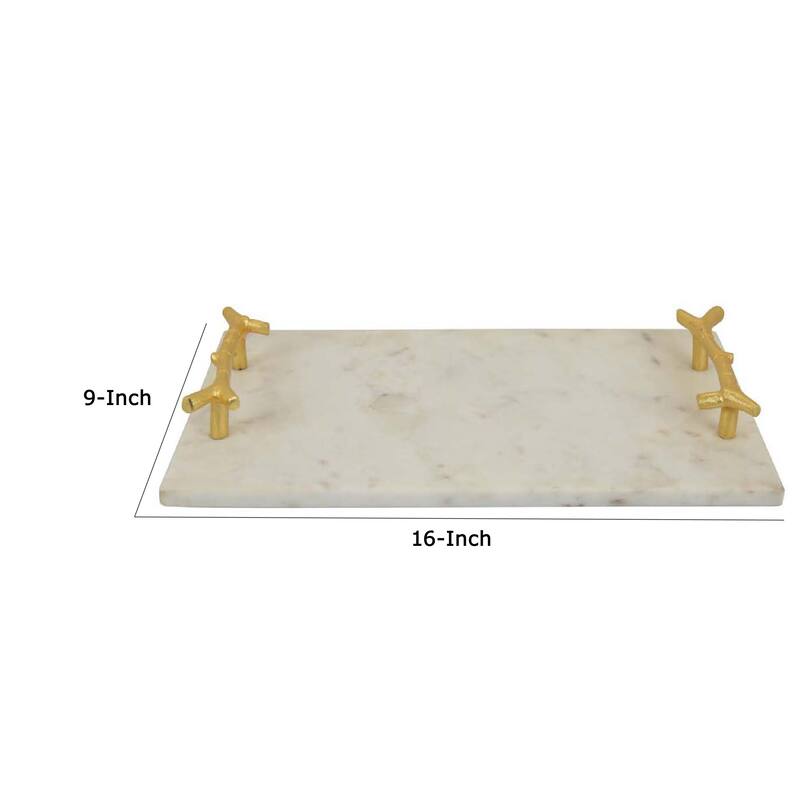 Pammy Decorative Tray, Gold Branch-Like Handles, White Marble 16 Inch