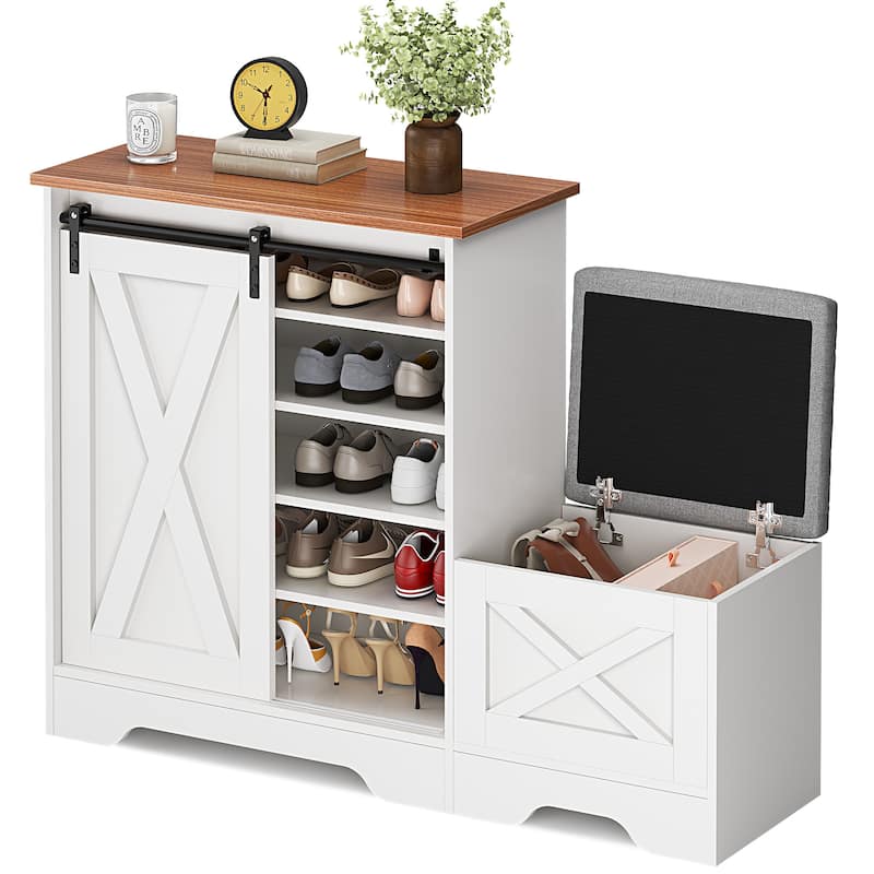 Farmhouse Entryway Shoe Bench with Storage and Cushioned Seating - White Sliding Door Cabinet