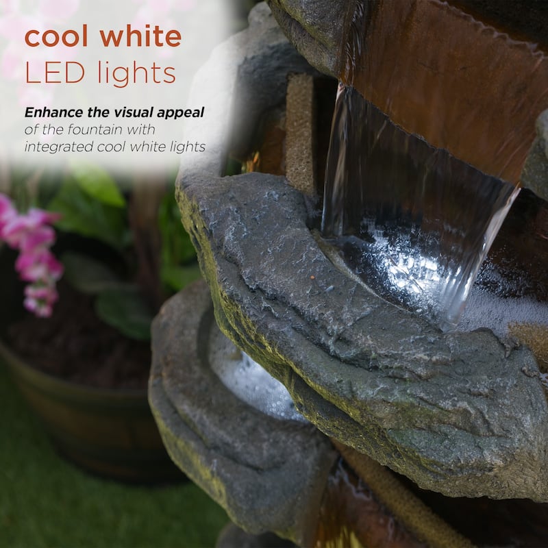 Multi-Level Stone Tower Fountain w/Cool White Lights