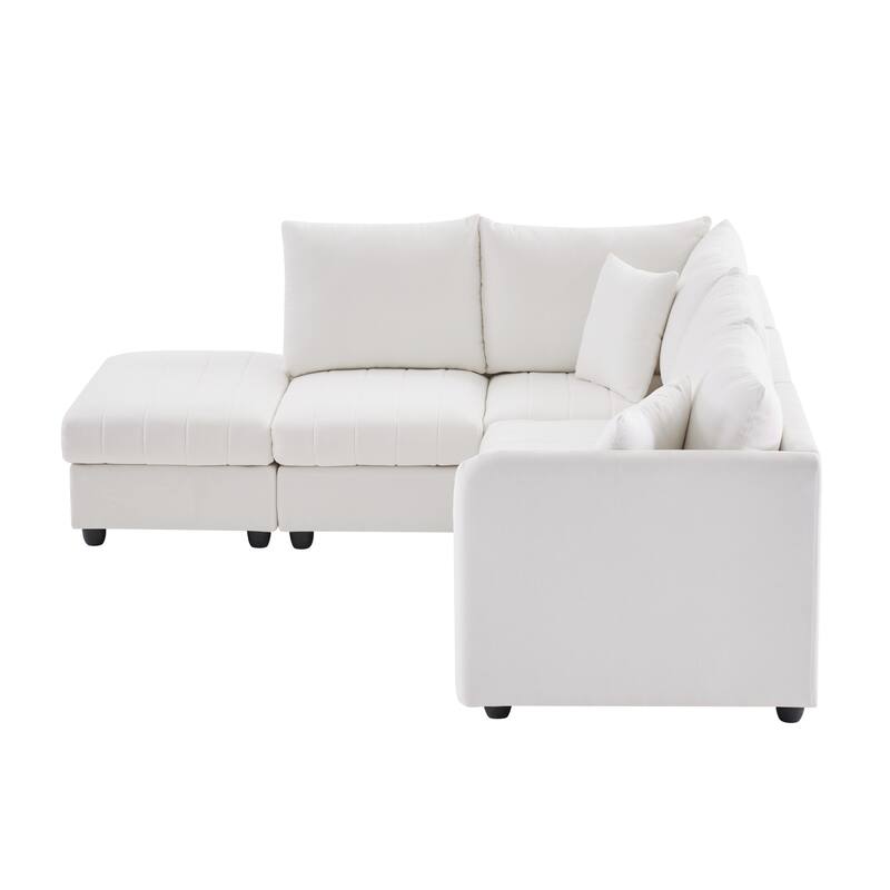 Modular L-Shaped Sectional Sofa with Movable Ottoman, 5 Seat Corner Couch with Throw Pillows, Comfy Cloud Upholstered Sofa
