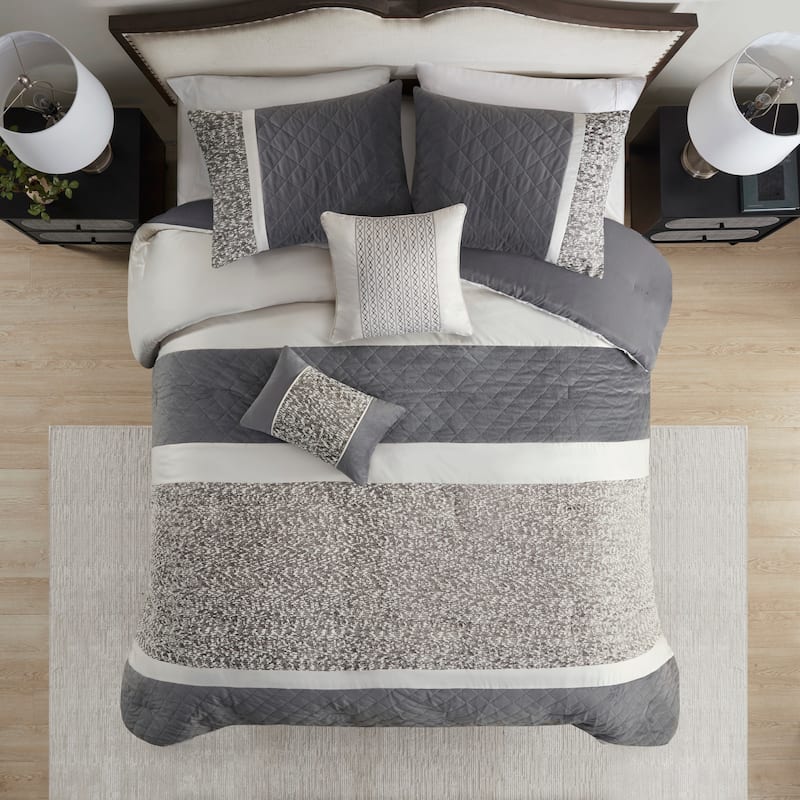 Madison Park Willow 5 Piece Textured Jacquard Stripe Comforter Set with Throw Pillows