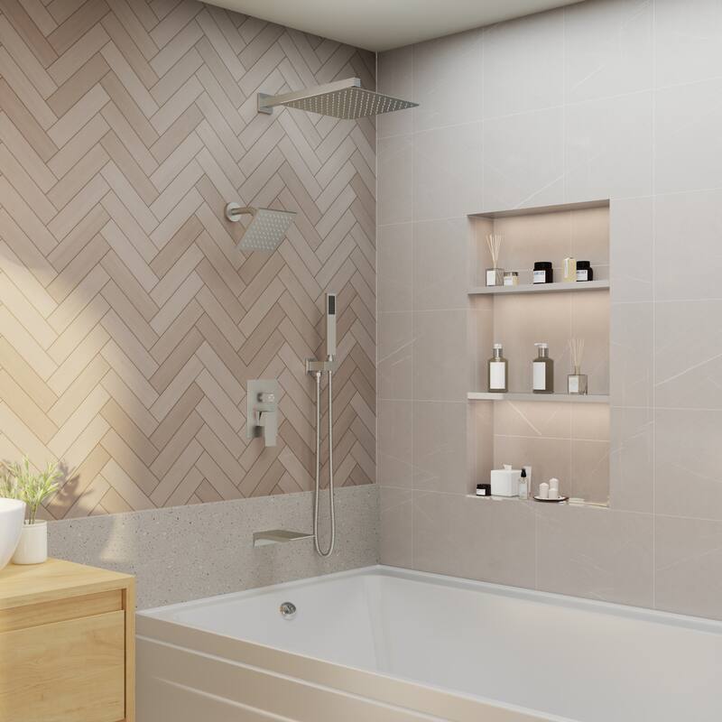 4-Spray Wall Mount 12 and 6 in. Dual Fixed and Handheld Shower Head with Waterfall Tub Spout (Valve Included) - 12" x 12"