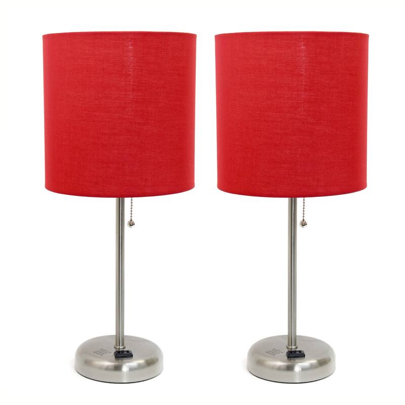 19.5 in. Brushed Steel Finish Table Lamp with Red Shade, Durable Stick Lamp for End/Side Tables, Set of 2