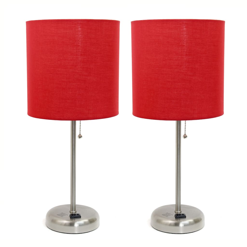 19.5 in. Brushed Steel Finish Table Lamp with Red Shade, Durable Stick Lamp for End/Side Tables, Set of 2