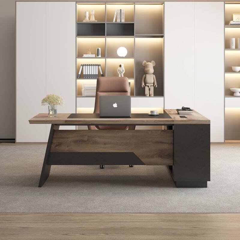 WESOME 78.74in Modern L-Shaped Executive Desk with Drawer 2-Tier Storage Shelves Cabinets